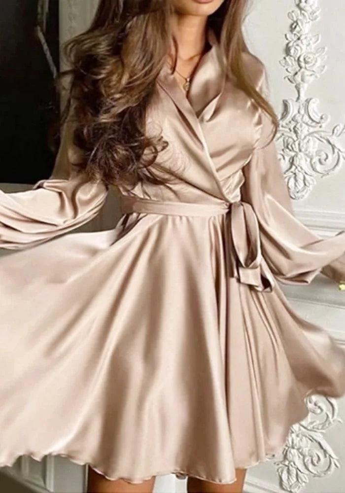 Beige Satin Dress with Sleeves | Miss Satin Beige Satin Dress with Sleeves | Miss Satin