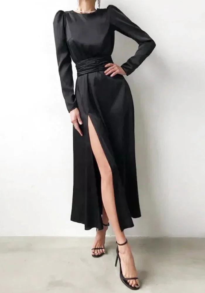 Black satin sales long sleeve dress