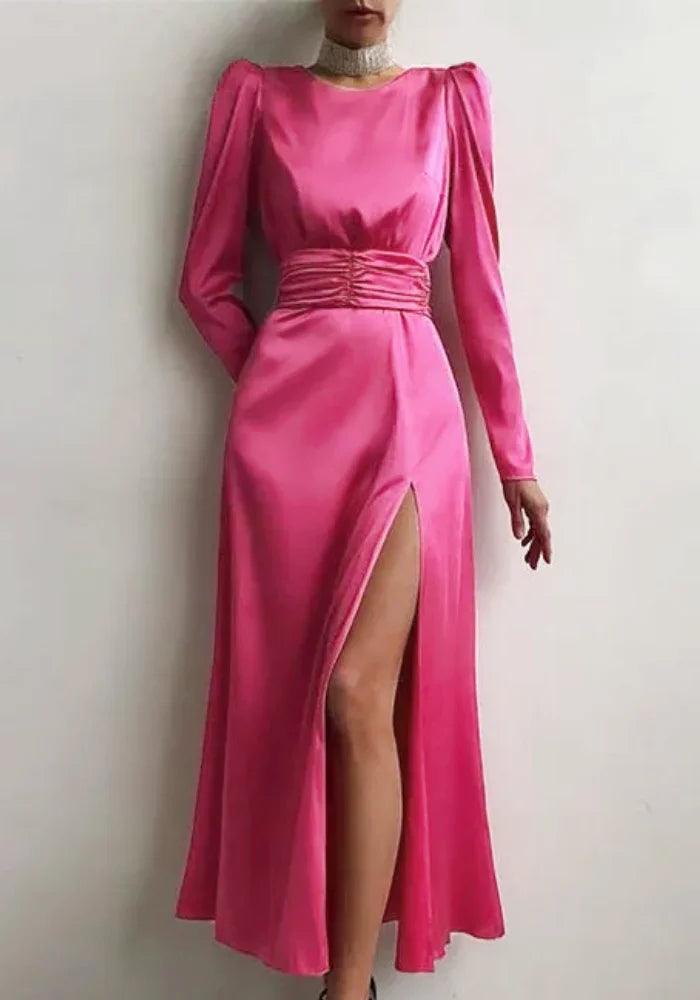 Hot Pink Satin Dress Long Sleeve | Miss Satin Hot Pink Satin Dress Long Sleeve | Miss Satin