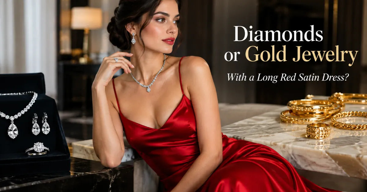 Long red satin evening dress with deep V-neck worn with diamond drop earrings and a fine pendant