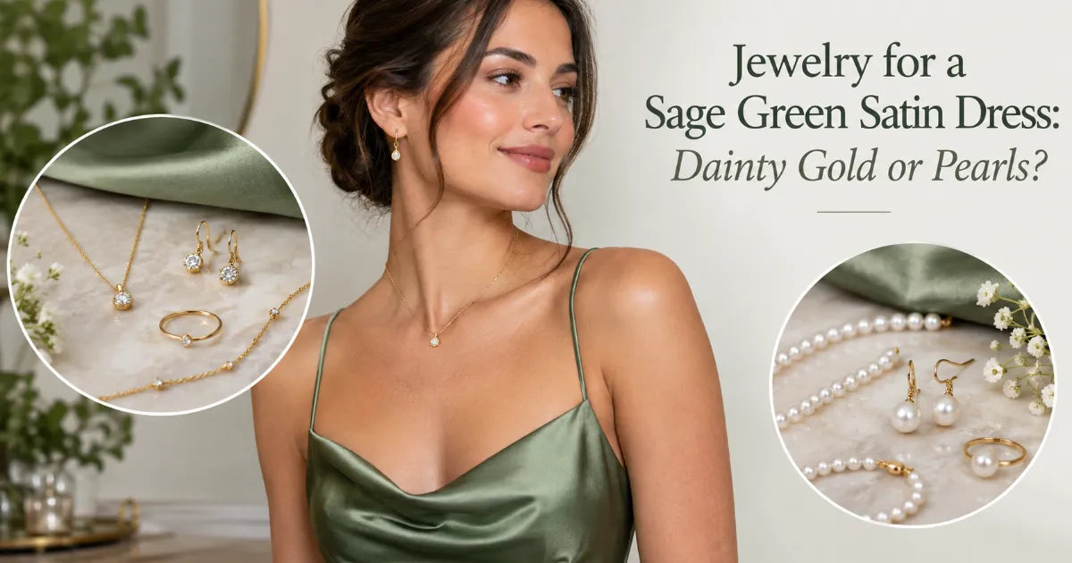 Two wedding guests in sage green satin cowl-neck mini dresses, one wearing layered fine gold chains and one wearing pearl drop earrings
