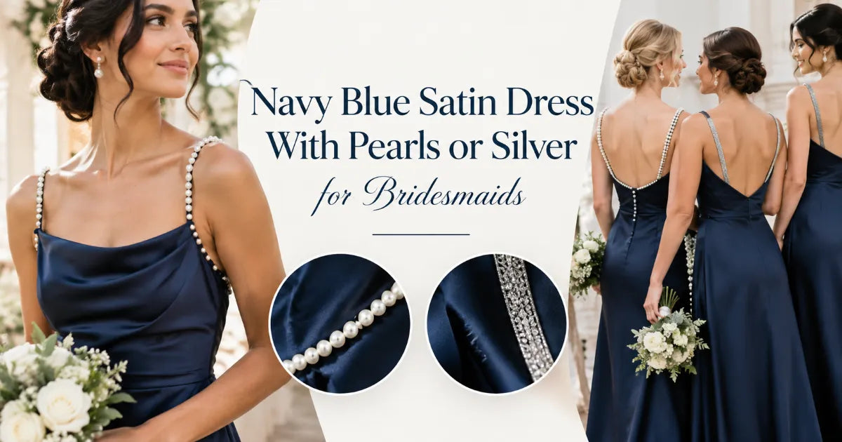 Two bridesmaids in navy satin midi dresses with cowl necklines, one wearing pearl drop earrings and one silver crystal drops