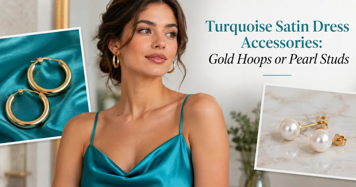 Turquoise satin cowl-neck mini slip dress worn with small gold hoop earrings in daylight