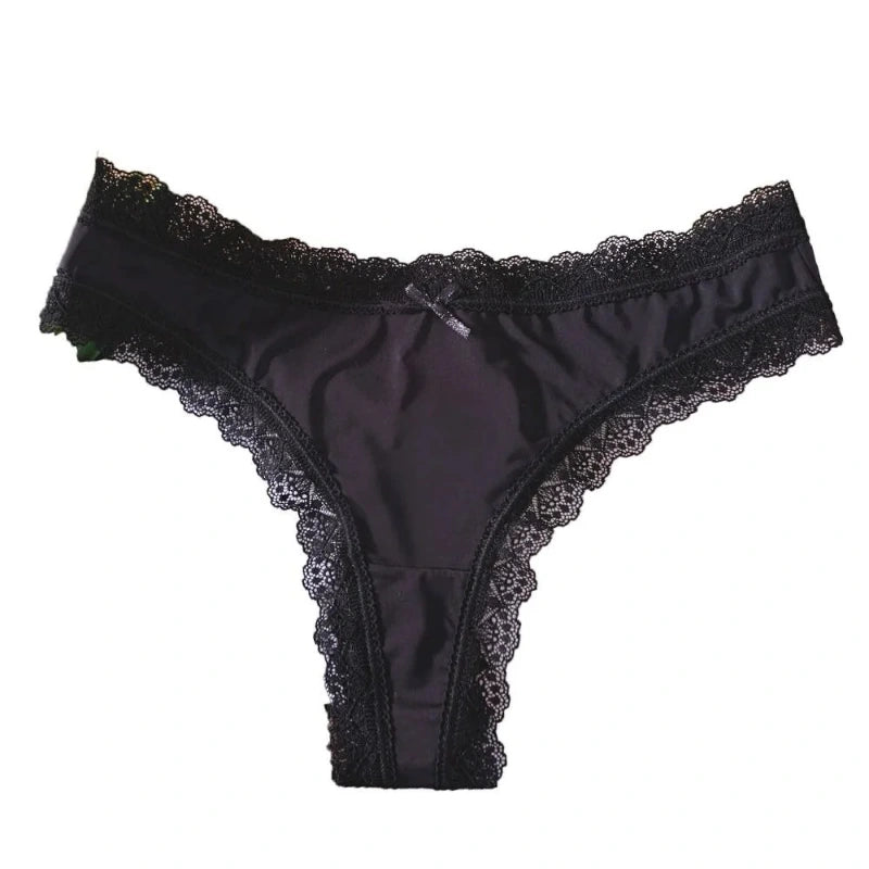 Black satin thong panties with scalloped lace trim along waistband and leg openings