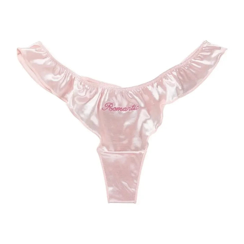 Pink satin thong panties with ruffled waistband and Romantic embroidered script at center