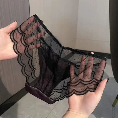 Hands displaying sheer black dot mesh scalloped panties from the back, showing full mesh transparency