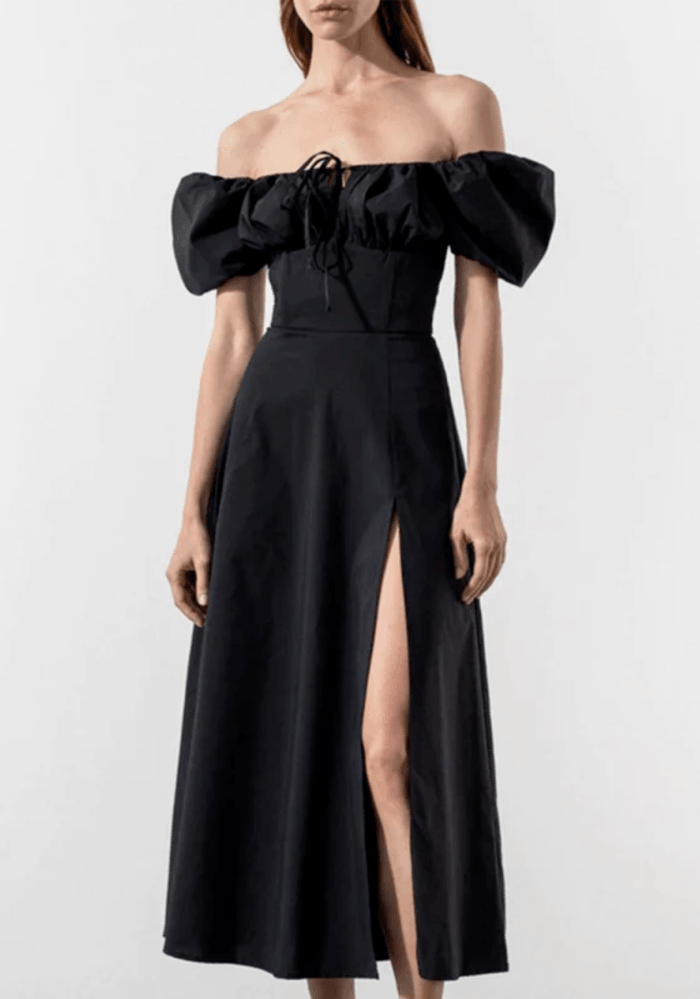 Black Satin Puff Shoulder Dress - Miss Satin