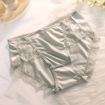 Gray satin full-coverage panties with lace insets and small bow detail, white background