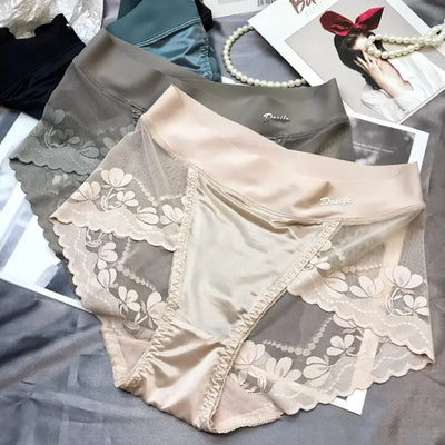 Beige and gray floral lace panties folded flat showing scalloped trim