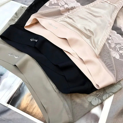 Three folded satin panties stacked showing smooth waistband with Dosife logo