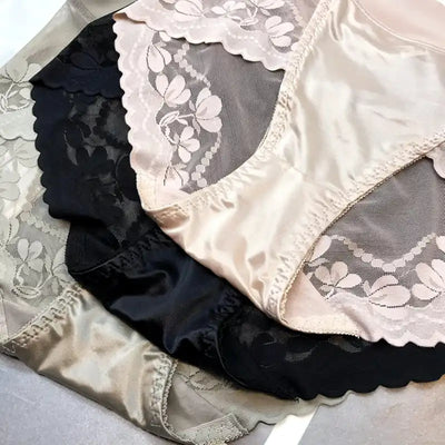Three lace panel panties fanned out showing back scalloped trim detail