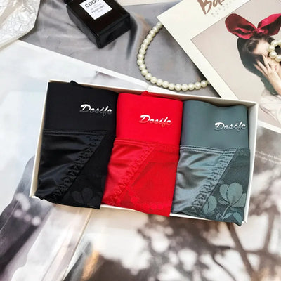 Gift box with black, red, and teal satin lace panties set of three