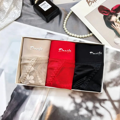 Gift box with beige, red, and black floral lace panties set of three