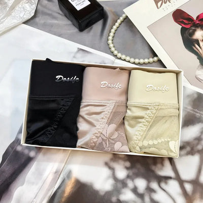 Gift box with black, blush, and beige satin lace panties set of three