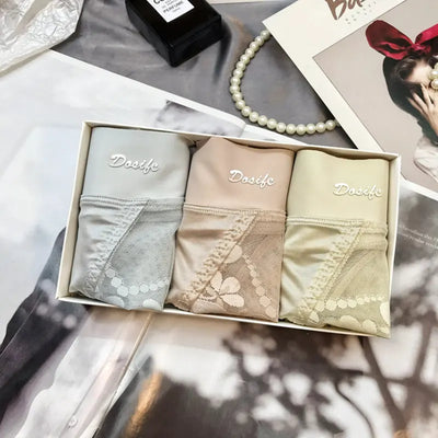 Gift box with gray, blush, and beige floral lace panties set of three