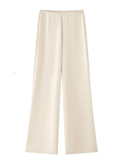 Cream wide-leg satin pants with elastic waistband, flat lay on white background, front view
