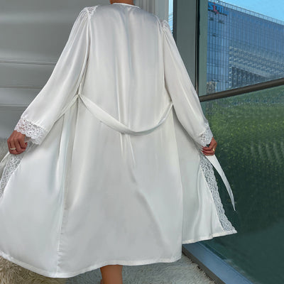 White Satin Robe with Lace Trim