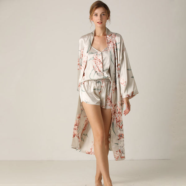 Floral Satin Kimono & Pajamas Set