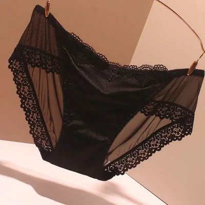 Black satin panties with black lace trim and sheer mesh side panels