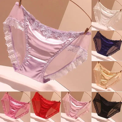 Satin panties collection in multiple colors displayed on gold wire hanger