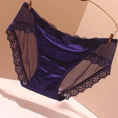 Navy blue satin panties with navy lace trim and sheer mesh side panels