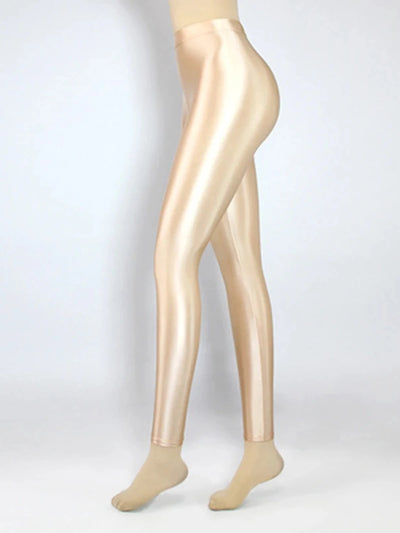 Second side view of glossy high-rise champagne tapered satin pants on mannequin