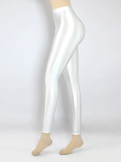 Side view of glossy high-rise white tapered satin pants on mannequin