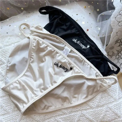 Ivory and black low-rise satin bikini briefs with embroidered oh honey script detail