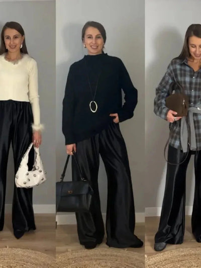 Three outfits featuring black wide-leg satin pants styled with a cream feather-trim knit, a black turtleneck sweater, and a plaid flannel shirt