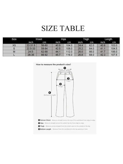 Size table for wide-leg satin pants showing waist, hip, thigh, and length measurements from XS to L in both inches and centimeters