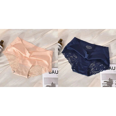 Blush pink and navy blue mid-rise satin panties with floral lace side panels, paired view
