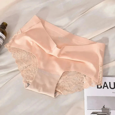 Blush pink mid-rise satin panties with matching floral lace side panels, front view