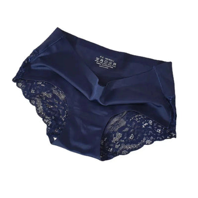 Navy blue mid-rise satin panties with matching floral lace sides, white background