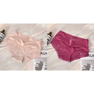 Blush pink and rose red mid-rise lace side panel satin panties displayed in pairs