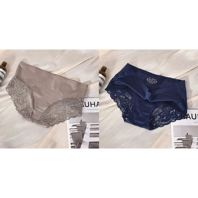Taupe-gray and navy blue mid-rise floral lace panel satin panties displayed side by side