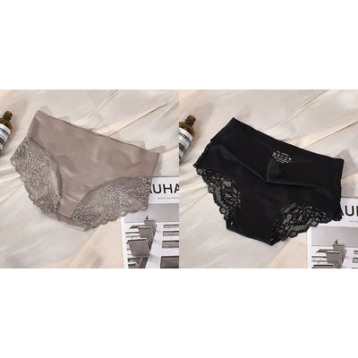 Taupe-gray and black mid-rise satin panties with wide floral lace sides, paired flat lay