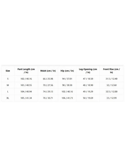 Size chart showing measurements for black wide-leg pants in sizes S, M, L, and XL including waist, hip, and length