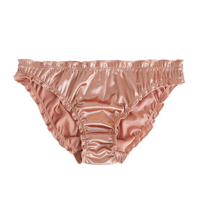 Dusty pink satin ruffled waistband bikini panty, flat lay front view
