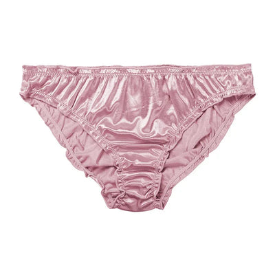 Blush pink satin ruffled waistband bikini panty, flat lay front view