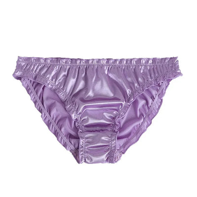 Lavender satin ruffled waistband bikini panty, flat lay front view
