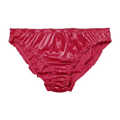 Red satin ruffled waistband bikini panty, flat lay front view