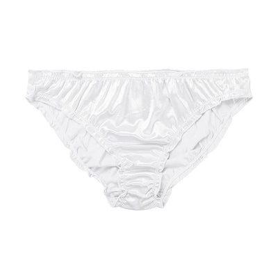 White satin ruffled waistband bikini panty, flat lay front view