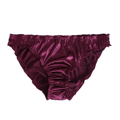 Burgundy satin ruffled waistband bikini panty, flat lay front view