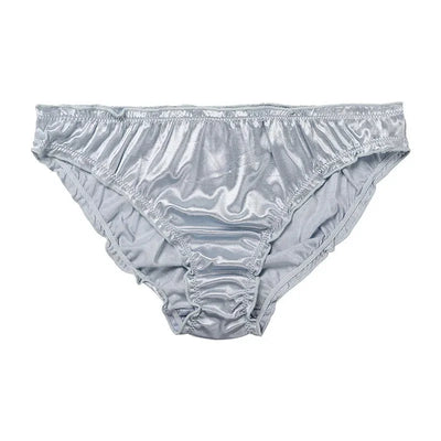 Silver gray satin ruffled waistband bikini panty, flat lay front view