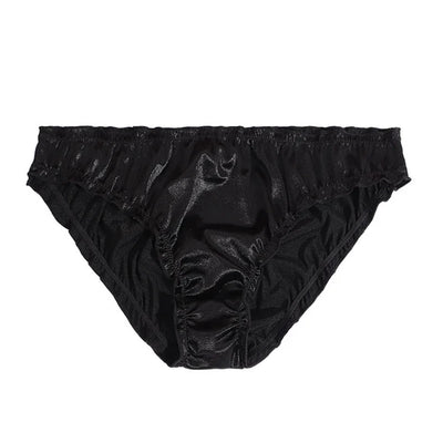 Black satin ruffled waistband bikini panty, flat lay front view