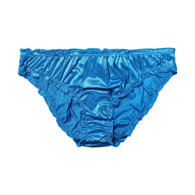 Blue satin ruffled waistband bikini panty, flat lay front view