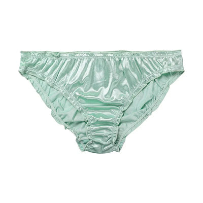 Mint green satin ruffled waistband bikini panty, flat lay front view