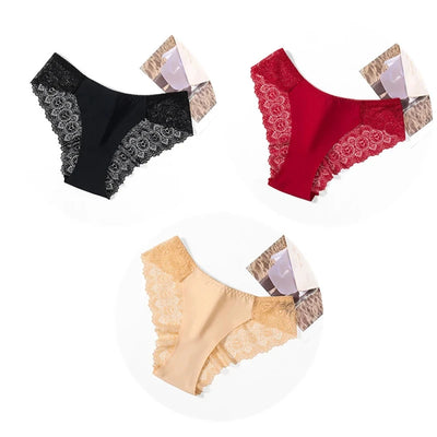 Three packaged lace-side bikini panties in black, red, and beige color set