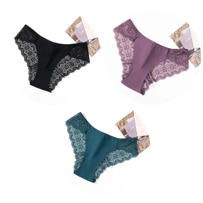 Three packaged lace-side bikini panties in black, purple, and teal color set