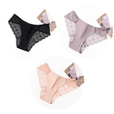 Three packaged lace-side bikini panties in black, lavender, and pink color set